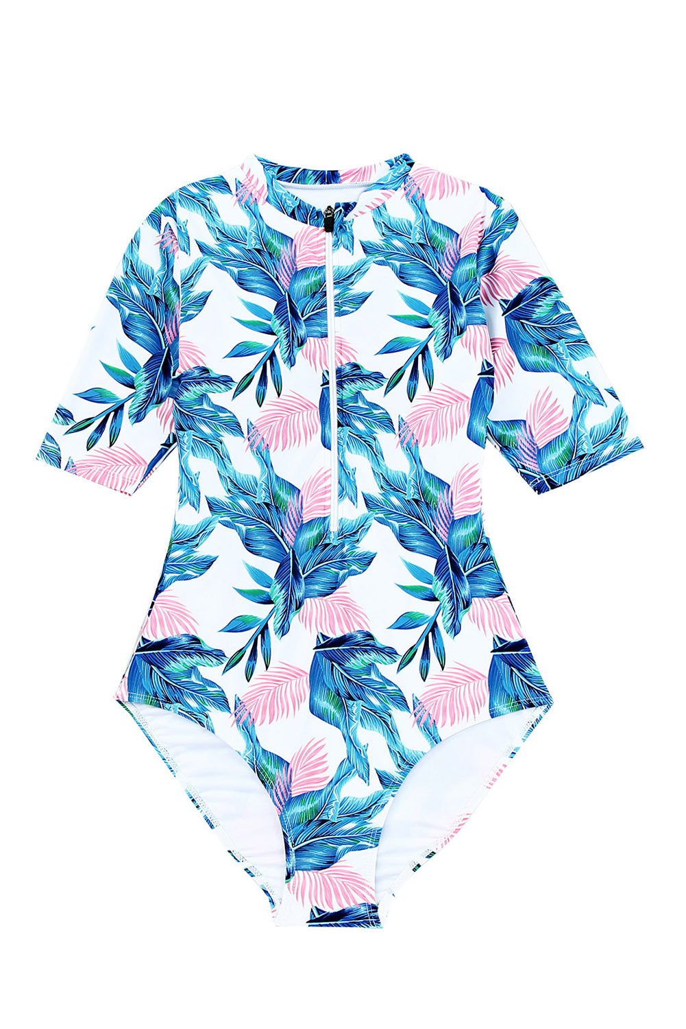 Blue Plant Print Zip Front Half Sleeve One Piece Swimsuit