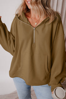 Black Half Zipper Kangaroo Pockets Drop Shoulder Hoodie-True and Wild