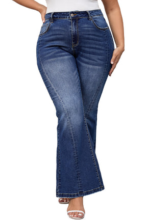 Dark Blue Plus Size Stitching Washed Flare Jeans-True and Wild