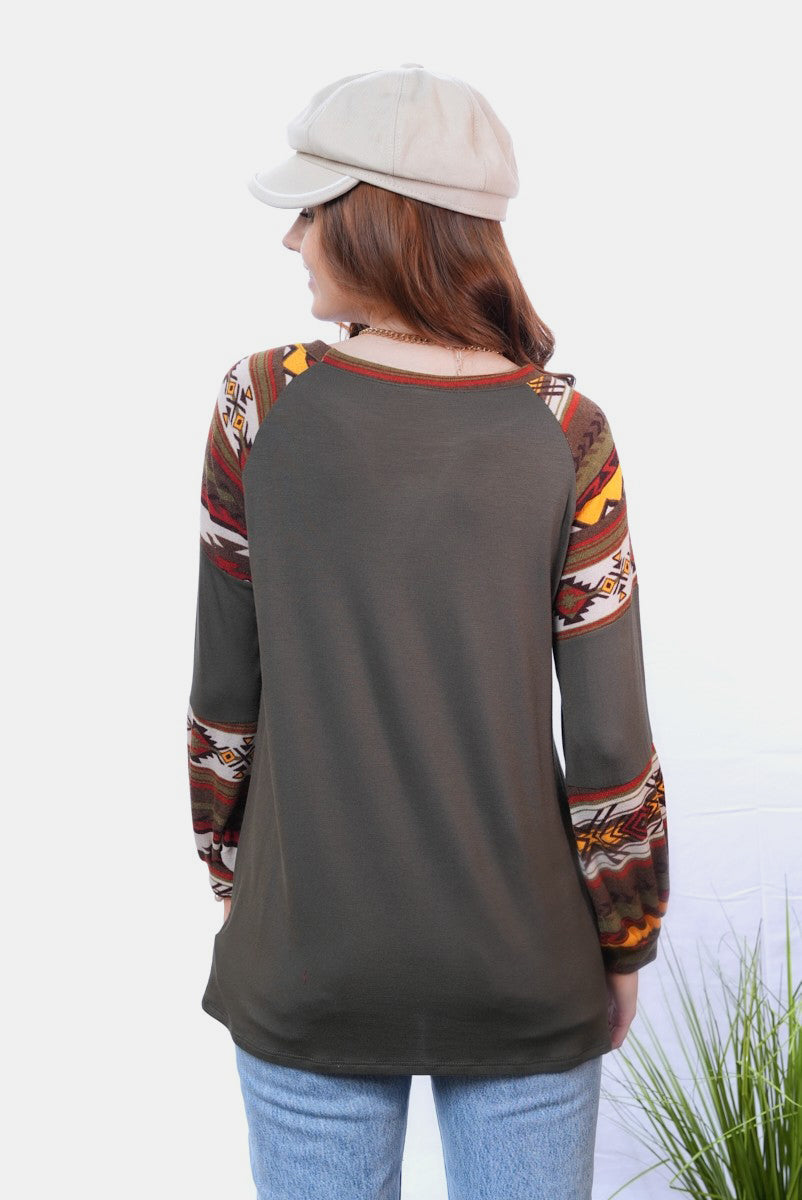 Celeste Full Size Geometric Round Neck Long Sleeve Top-True and Wild