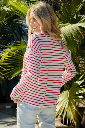 White Striped Snap Button Ruffle Trim Long Sleeve Top