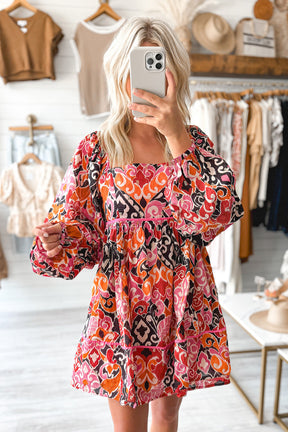 Pink Geometric Print Square Neck Puff Sleeve Mini Dress-True and Wild