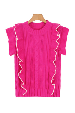 Strawberry Pink Contrast Trim Ruffle Sleeveless Twist Cable Knit Top