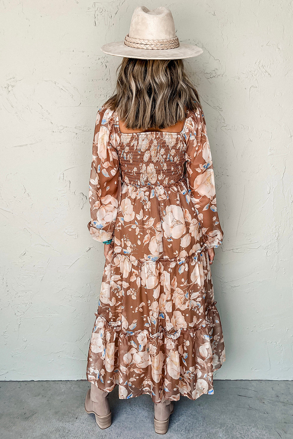 Brown Floral Print Shirred Square Neck High Waist Maxi Dress-True and Wild