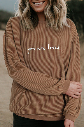 Khaki You Are Loved Print Crinkle Rib Sweatshirt-True and Wild