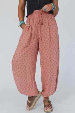 Pink Boho Floral Printed Wide Leg Jogger Pants-True and Wild