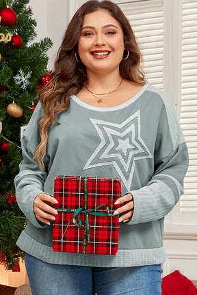 Mist Green Stars Patchwork Round Neck Plus Size Top-True and Wild