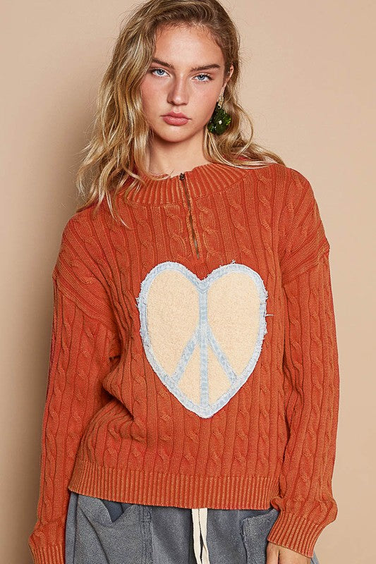 POL Cable-Knit Peace Patch Dropped Shoulder Sweater-True and Wild