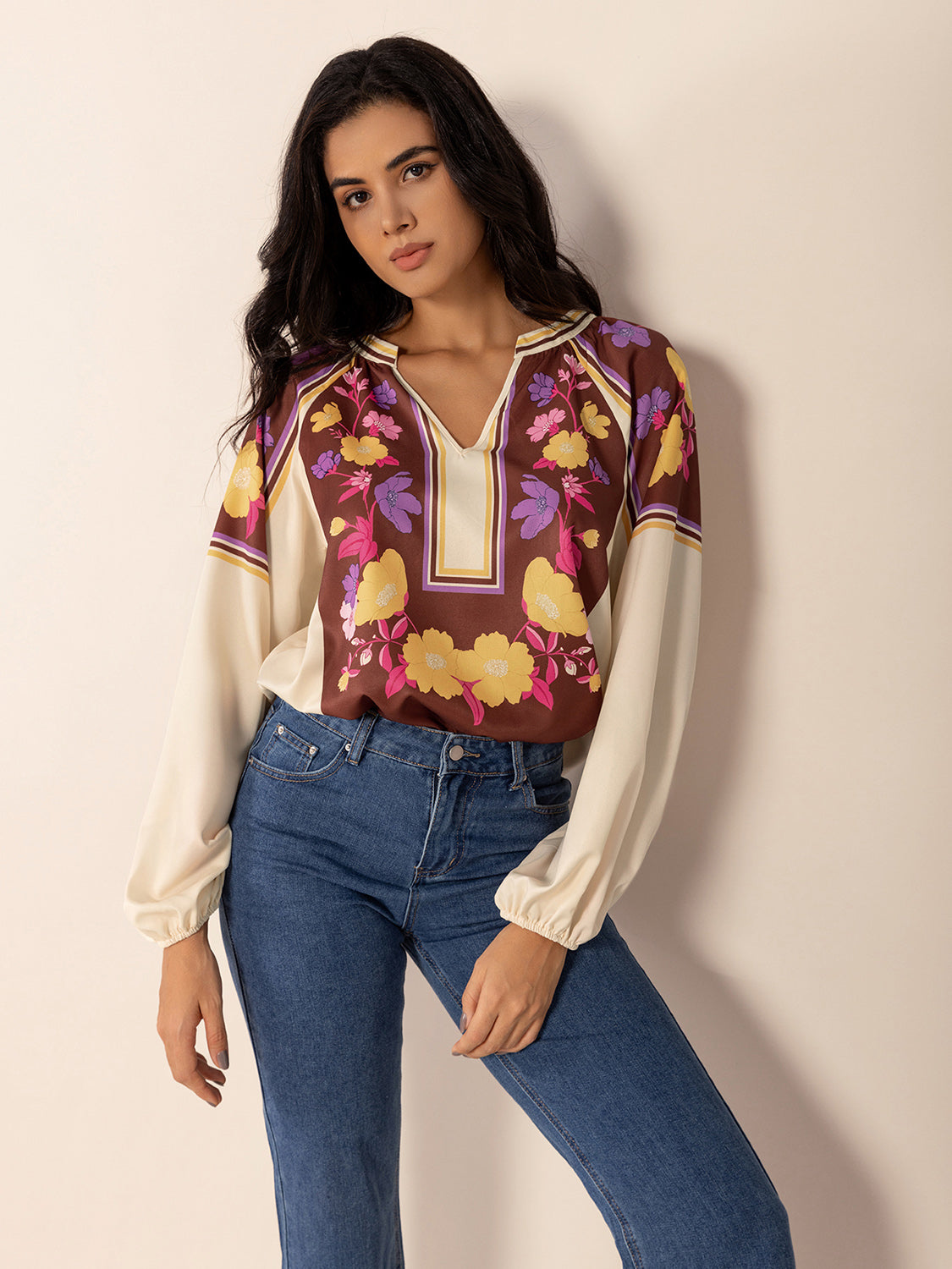 Printed Notched Long Sleeve Blouse-True and Wild