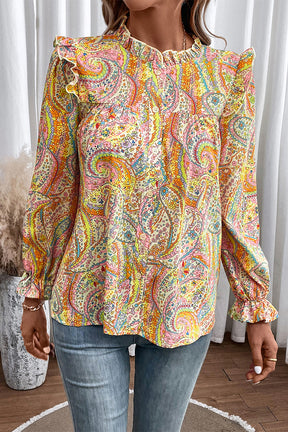 Yellow Paisley Print Ruffled Trim Button Up Boho Blouse