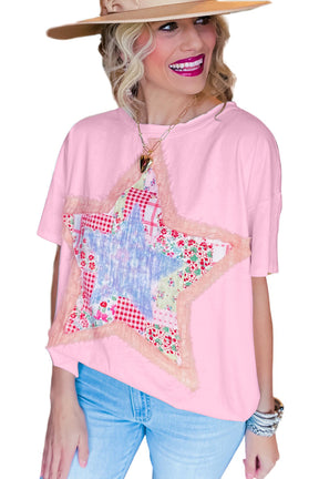 Pink Vibrant Star Patchwork Loose T-shirt-True and Wild