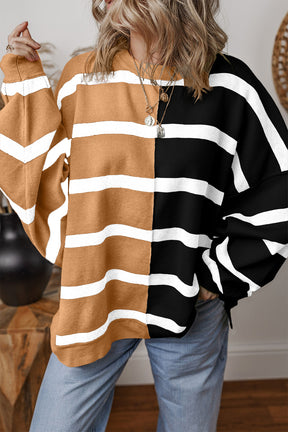 Light Beige Striped Colorblock Drop Shoulder Sweater-True and Wild