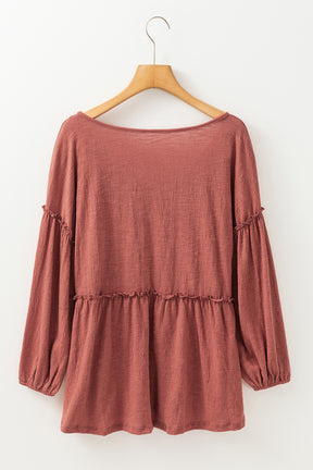 Mineral Red Solid Color Textured Frill Trim V Neck Puff Sleeve Blouse-True and Wild