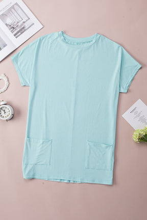 Light Blue Plain Loose Pocket Casual Tunic Long T-Shirt-True and Wild