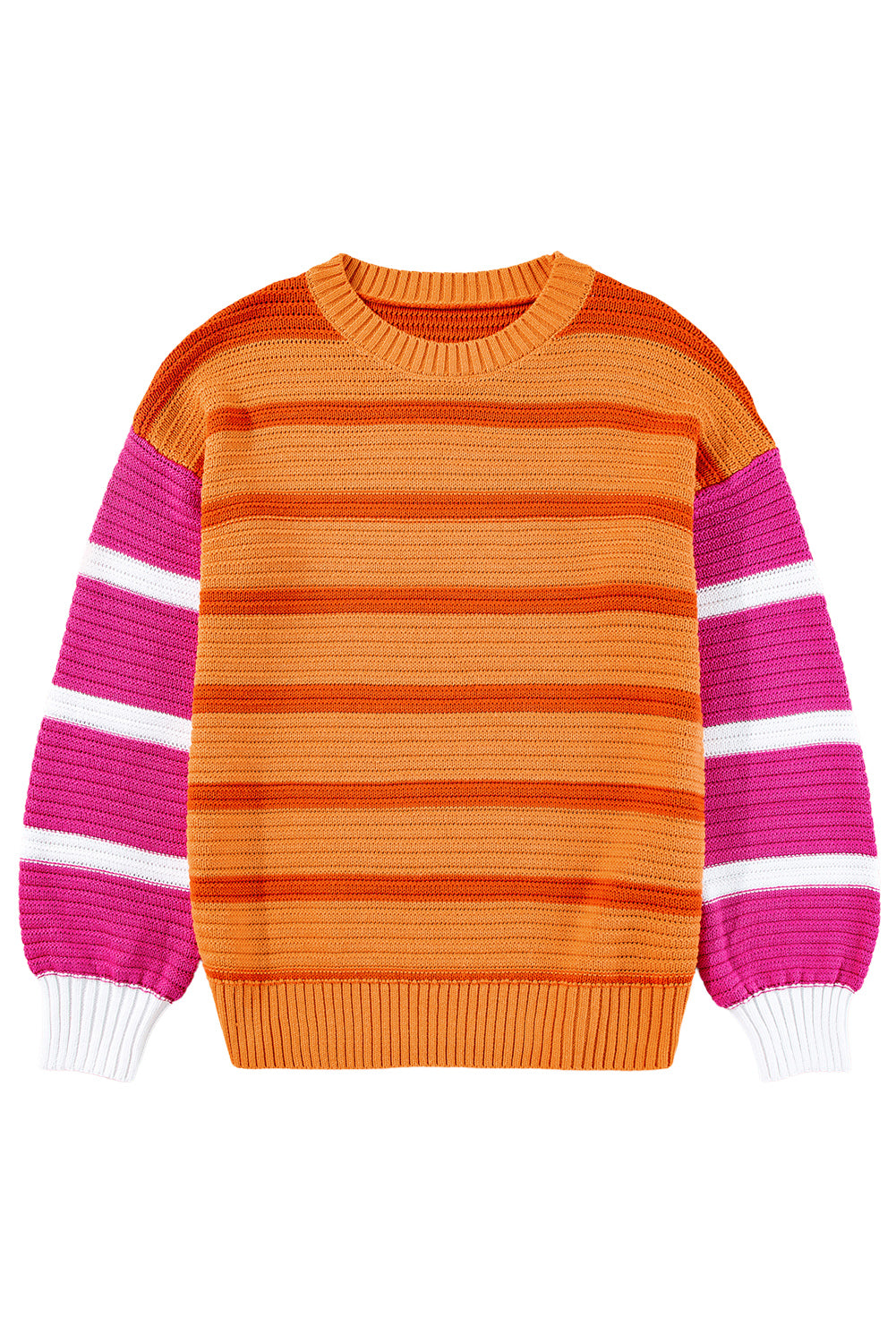 Orange Striped Colorblock Puff Sleeve Sweater-True and Wild