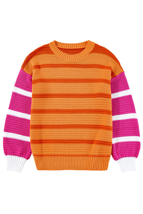 Orange Striped Colorblock Puff Sleeve Sweater-True and Wild