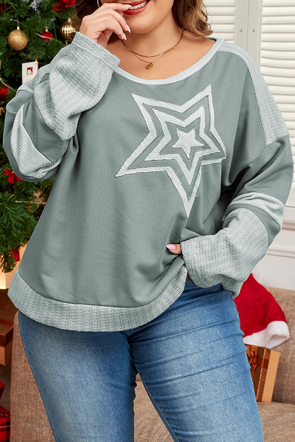 Mist Green Stars Patchwork Round Neck Plus Size Top-True and Wild