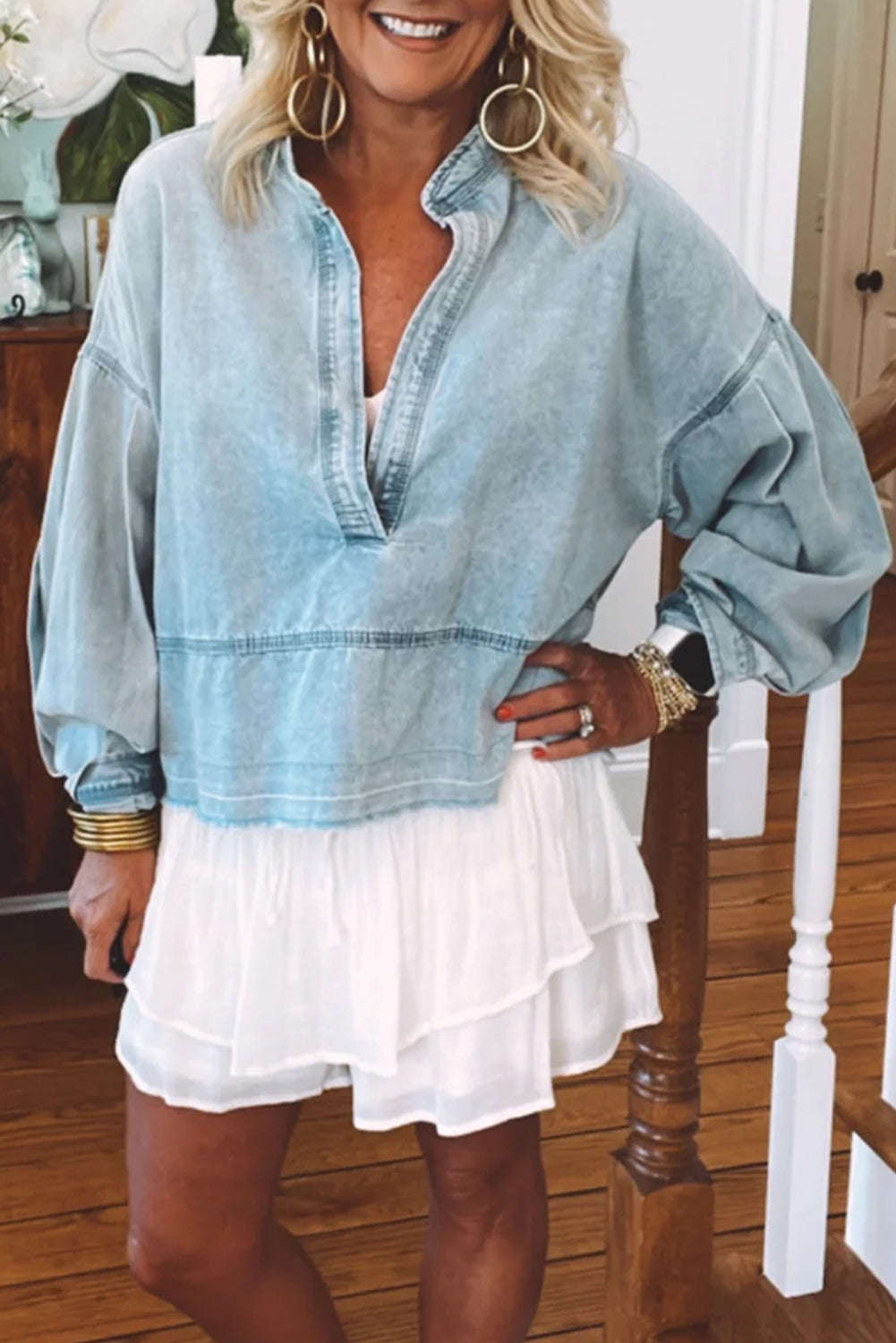 Beau Blue Light Wash Puff Sleeve V Neck Denim Blouse-True and Wild