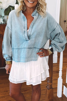 Beau Blue Light Wash Puff Sleeve V Neck Denim Blouse-True and Wild