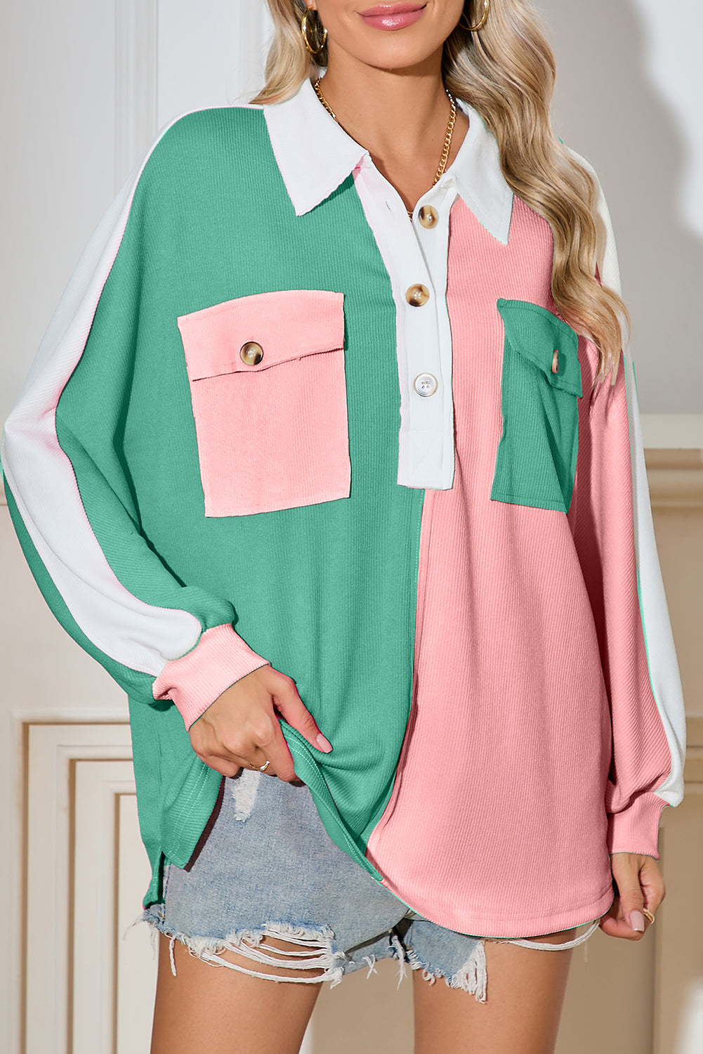 Pink Colorblock Patchwork Ribbed Oversized Sweatshirt-True and Wild