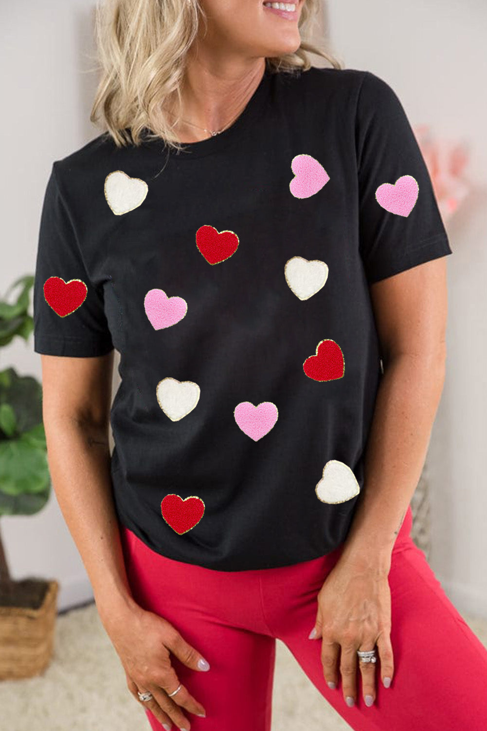 Black Valentines Chenille Heart Patched Pattern Crewneck Tee-True and Wild