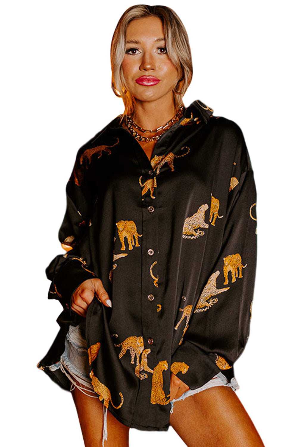 Black Animal Print Button Up Satin Shirt-True and Wild