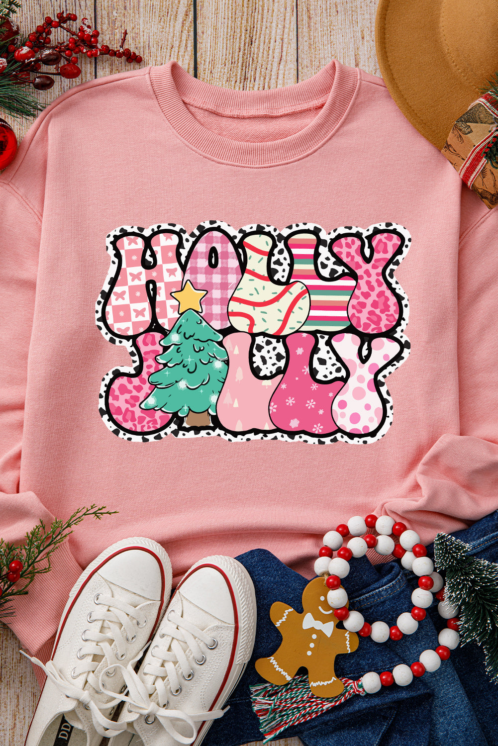 Pink Letter Print Christmas Graphic Crew Neck Sweatshirt-True and Wild