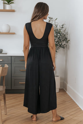 Black Solid Color Open Back Sleeveless Wide Leg Jumpsuit-True and Wild