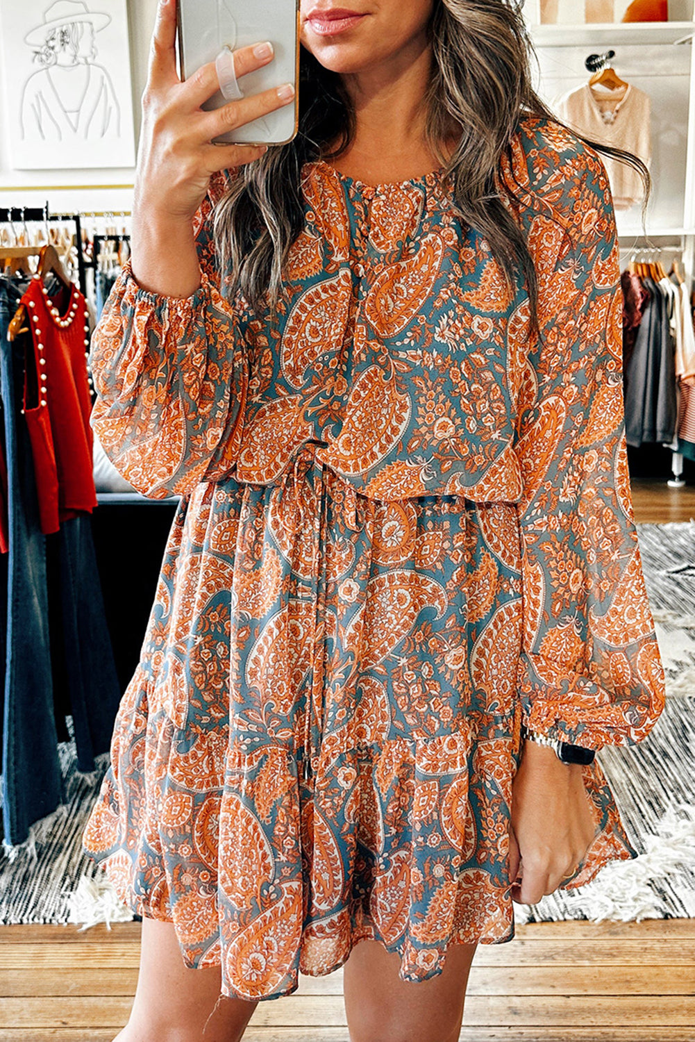 Orange Paisley Print Loose Fit Drawstring High Waist Mini Dress-True and Wild