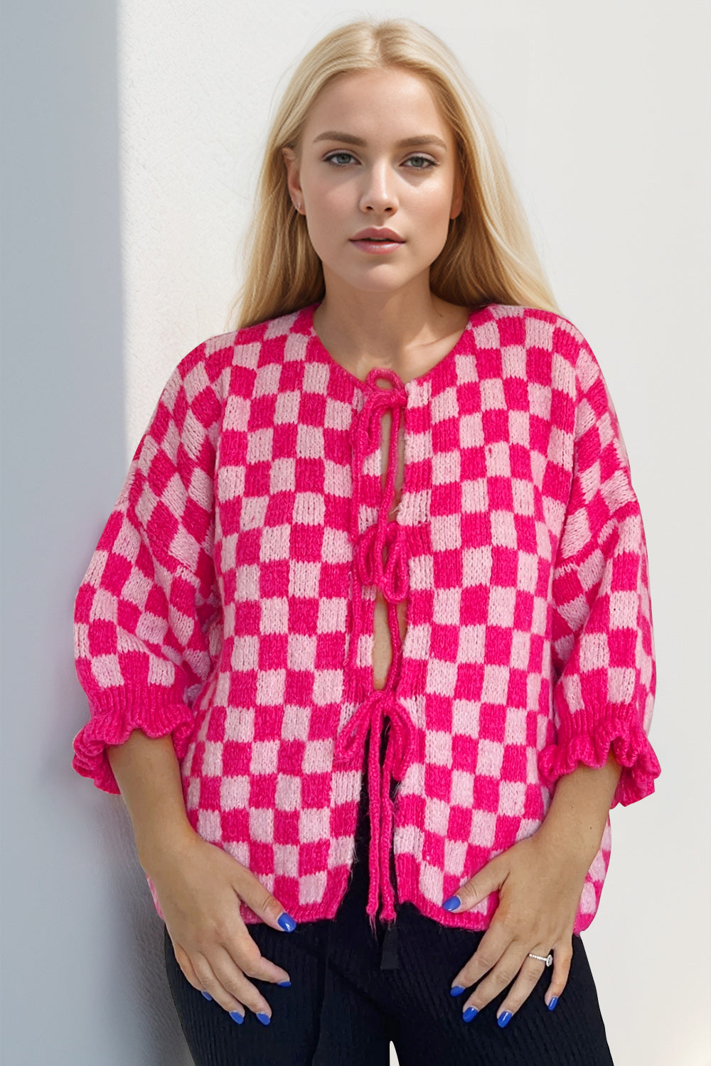 Double Take Tied Checkered Dropped Shoulder Flounce Sleeve Cardigan-True and Wild