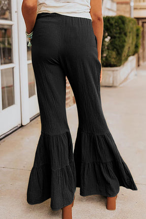 Black Plain Cotton Tiered Ruffle Flare High Waisted Pants-True and Wild