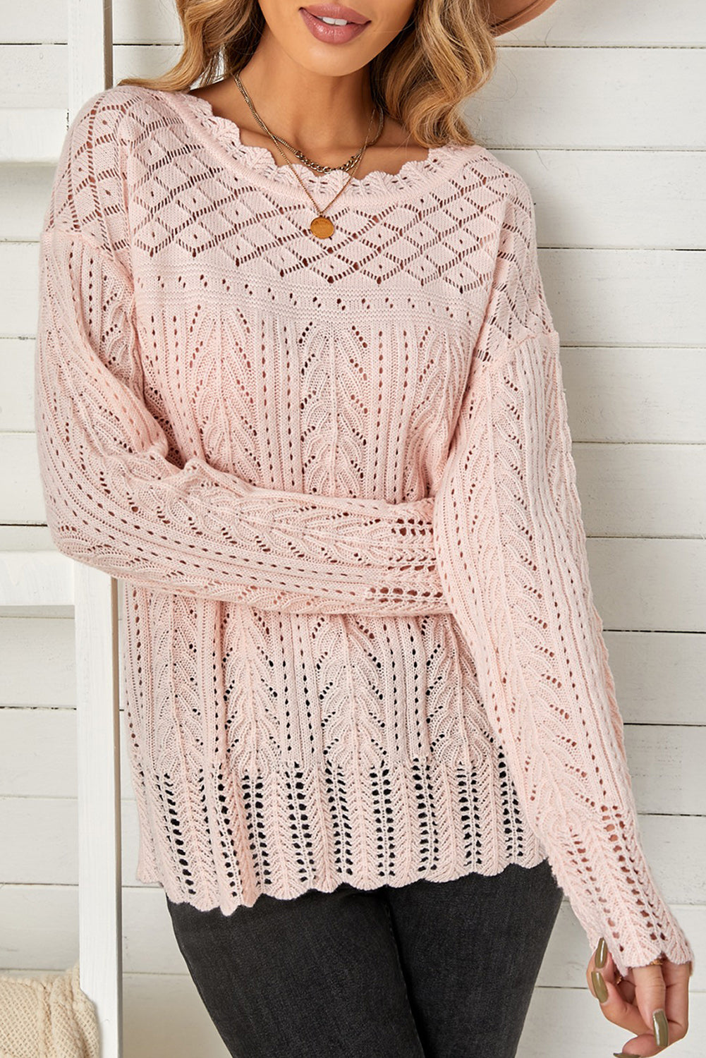 Pink Solid Casual Drop Shoulder Knit Sweater-True and Wild