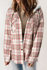 Jackets - Multicolor Plaid Flap Pocket Hooded Raw Hem Shacket