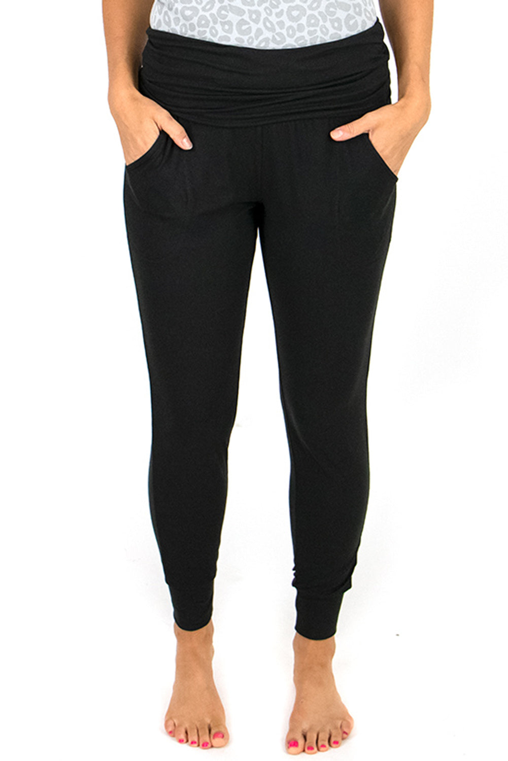 Black Pleated Casual Pocket High Waisted Leggings-True and Wild