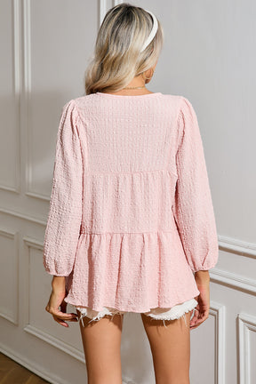 Light Pink Textured Lace Up V Neck Tiered Flowy Blouse-True and Wild