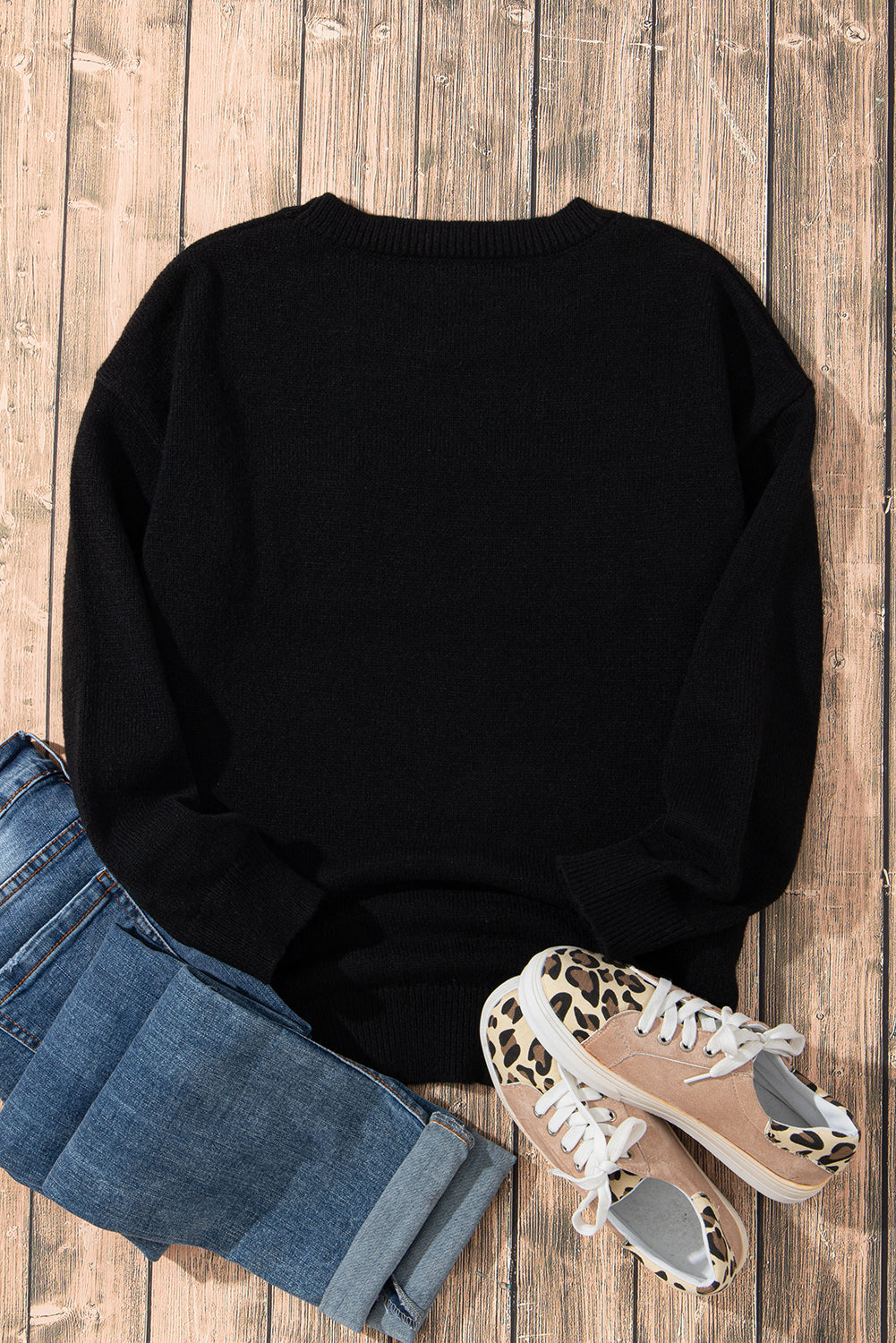 Black Holly Jolly Round Neck Casual Sweater-True and Wild