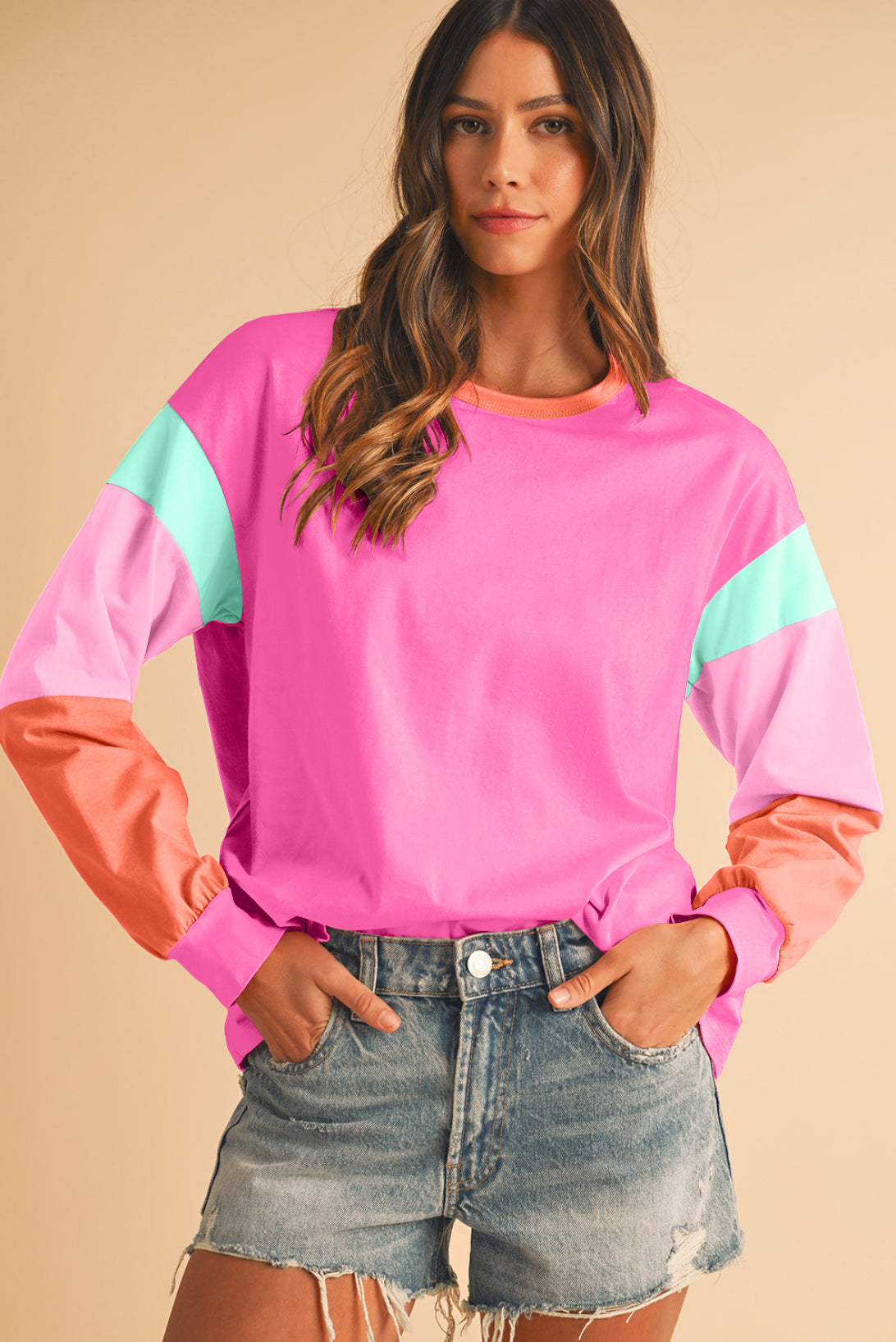 Rose Red Color Block Sleeve Loose Fit Top-True and Wild