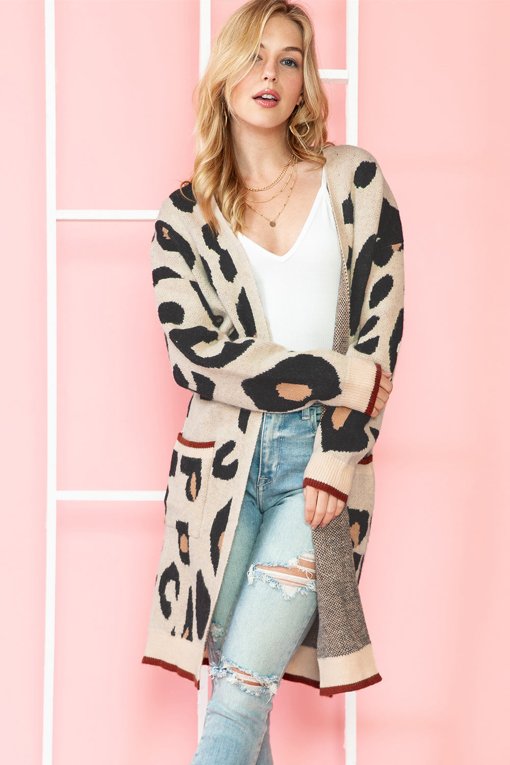 Leopard Print Open Front Pockets Midi Cardigan-True and Wild