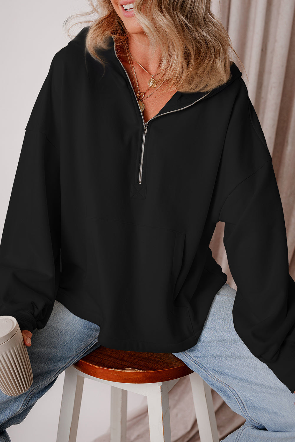 Black Half Zipper Kangaroo Pockets Drop Shoulder Hoodie-True and Wild