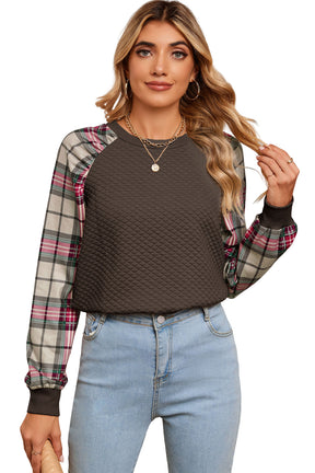 Brown Plaid Print Waffle Quilted Raglan Sleeve Sweatshirt-True and Wild