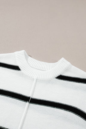 White Striped Center Seamed Short Sleeve Sweater