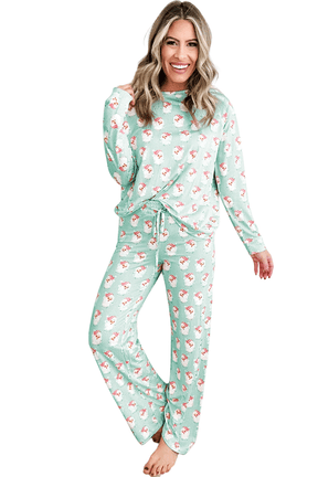 Loungewear Set - Sky Blue Santa Claus Striped Print Loose Fit Two Piece Loungewear Set