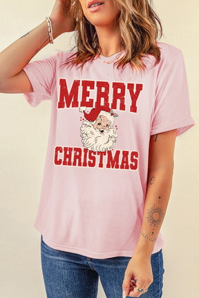 Pink MERRY CHRISTMAS Santa Claus Printed Round Neck T Shirt-True and Wild