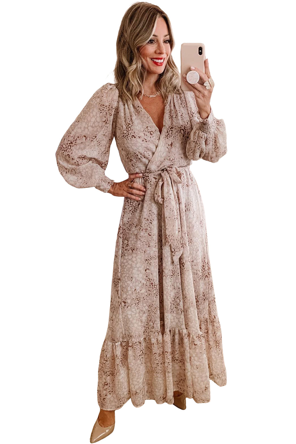 Leopard Surplice V Neck Bubble Sleeve Sash Maxi Dress-True and Wild