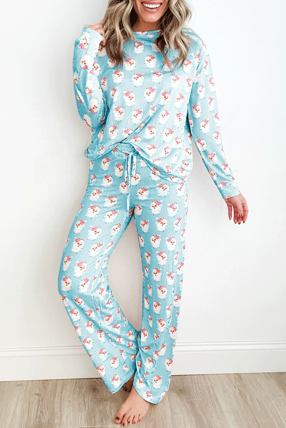 Loungewear Set - Sky Blue Santa Claus Striped Print Loose Fit Two Piece Loungewear Set