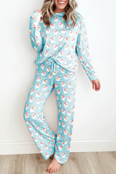 Loungewear Set - Sky Blue Santa Claus Striped Print Loose Fit Two Piece Loungewear Set