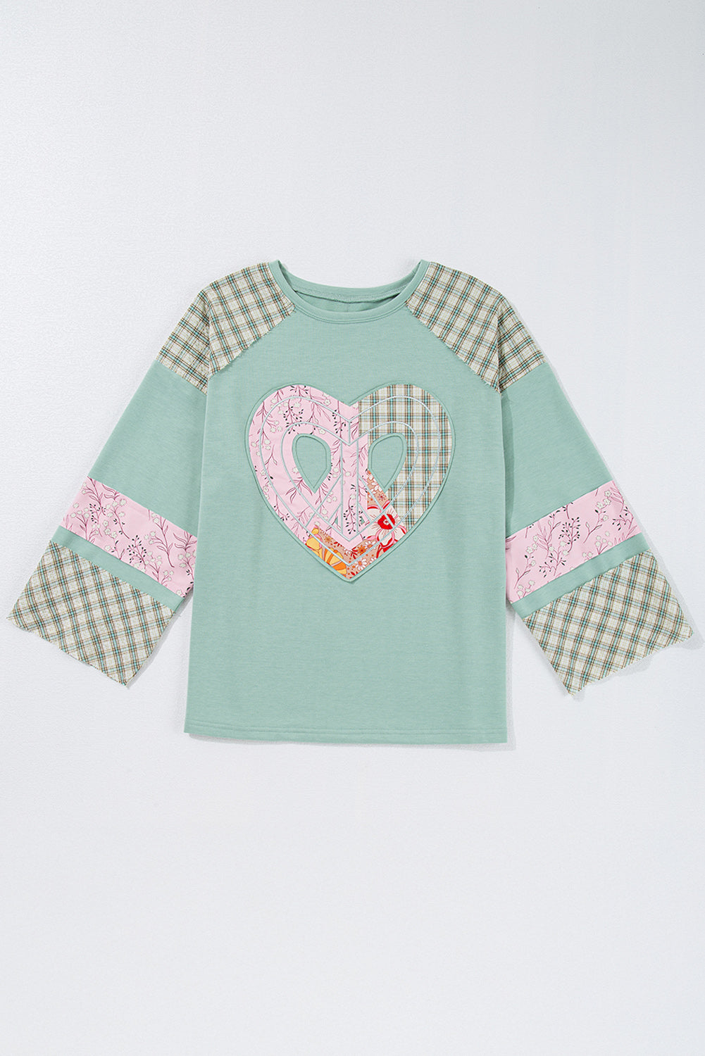 Aqua Plaid Floral Patchwork Heart Long Sleeve Top-True and Wild