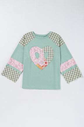 Aqua Plaid Floral Patchwork Heart Long Sleeve Top-True and Wild