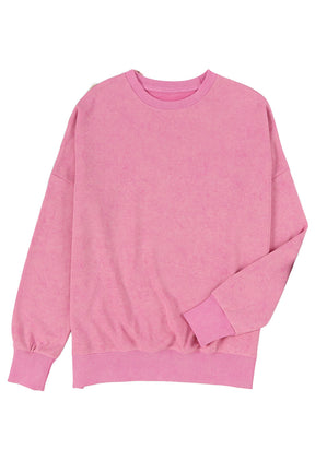 Pink Plain Drop Shoulder Ribbed Trim Oversized Sweatshirt-True and Wild