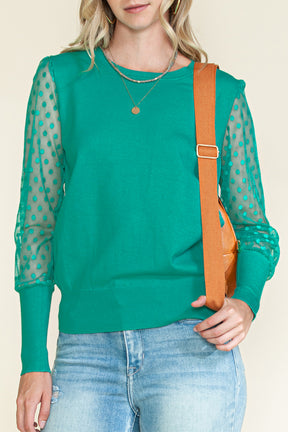 Green Dotted Mesh Puff Sleeve Top-True and Wild